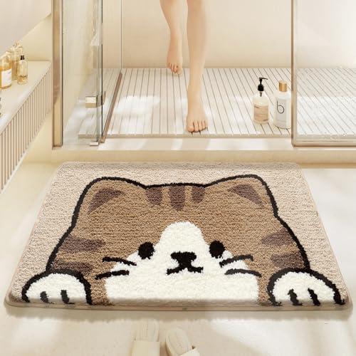 Badezimmermatte Braune Katze Weiß Bath Mat Mikrofaser Badmatte Waschbar Badezimmerteppich rutschfest Badematte Schnelltrocknend Badezimmermatten Verdicken Badmatten Badvorleger 50x80cm von LNXSESN