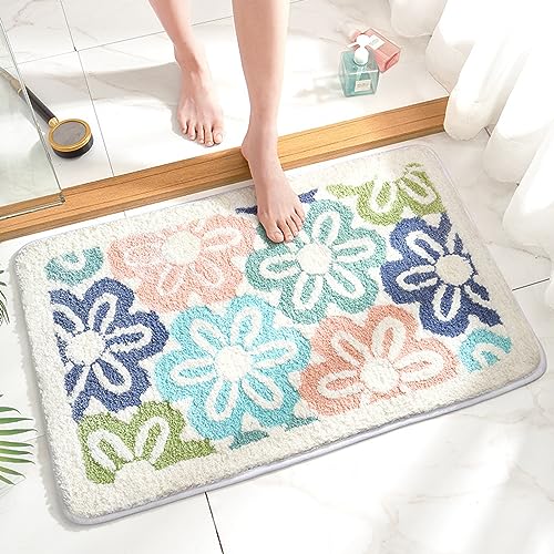 Badezimmermatte Bunte Blumen Bath Mat Mikrofaser Badmatte Waschbar Badezimmerteppich rutschfest Badematte Schnelltrocknend Badezimmermatten Verdicken Badmatten Badvorleger 40x60cm von LNXSESN