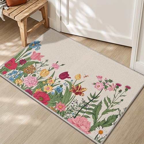 Badezimmermatte Bunte Blumen Bath Mat Mikrofaser Badmatte Waschbar Badezimmerteppich rutschfest Badematte Schnelltrocknend Badezimmermatten Verdicken Badmatten Badvorleger 50x80cm von LNXSESN