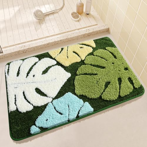 Badezimmermatte Gelb Grüne Blätter Badmatte Mikrofaser Bath Mat Waschbar Badezimmerteppich Duschvorleger rutschfest Badematte Schnelltrocknend Badvorleger Verdicken Badezimmermatten 40x60cm von LNXSESN
