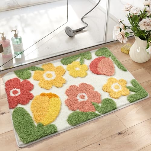 Badezimmermatte Gelbe Blume Rot Bath Mat Mikrofaser Badmatte Waschbar Badezimmerteppich rutschfest Badematte Schnelltrocknend Badezimmermatten Verdicken Badmatten Badvorleger 40x60cm von LNXSESN