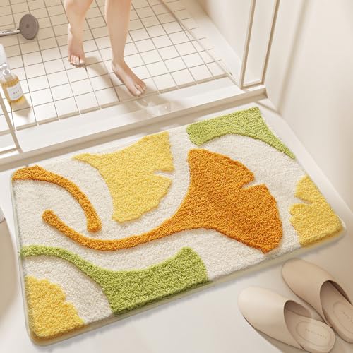 Badezimmermatte Ginkgo Blatt Gelb Badmatte Mikrofaser Bath Mat Waschbar Badezimmerteppich Duschvorleger rutschfest Badematte Schnelltrocknend Badvorleger Verdicken Badezimmermatten 40x60cm von LNXSESN