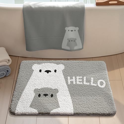 Badezimmermatte Grau Tiere Weiß Bath Mat Mikrofaser Badmatte Langlebig Badezimmerteppich rutschfest Badematte Schnelltrocknend Duschvorleger Verdicken Badvorleger Waschbar Badezimmermatten 50x80cm von LNXSESN