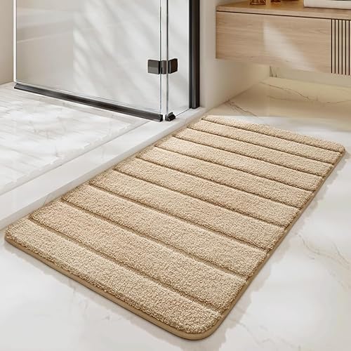 Badezimmermatte Kamelfarbe Streifen Badmatte Mikrofaser Bath Mat Waschbar Badezimmerteppich Duschvorleger rutschfest Badematte Schnelltrocknend Badvorleger Verdicken Badezimmermatten 40x60cm von LNXSESN