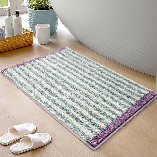 Badezimmermatte Lila Grün Streifen Badmatte Mikrofaser Bath Mat Waschbar Badezimmerteppich Duschvorleger rutschfest Badematte Schnelltrocknend Badvorleger Verdicken Badezimmermatten 50x80cm von LNXSESN