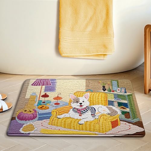 Badezimmermatte Lila Hund Weiß Bath Mat Mikrofaser Badmatte Waschbar Badezimmerteppich rutschfest Badematte Schnelltrocknend Badezimmermatten Verdicken Badmatten Badvorleger 40x60cm von LNXSESN