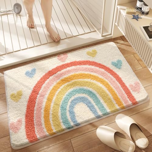 Badezimmermatte Regenbogen Gelbes Herz Badmatte Mikrofaser Bath Mat Waschbar Badezimmerteppich Duschvorleger rutschfest Badematte Schnelltrocknend Badvorleger Verdicken Badezimmermatten 50x80cm von LNXSESN