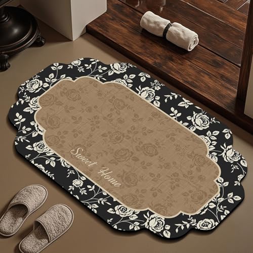 Badezimmermatte Rose Schwarz Beige Bath Mat Mikrofaser Badmatte Langlebig Badezimmerteppich rutschfest Badematte Schnelltrocknend Duschvorleger Verdicken Badvorleger Waschbar Badezimmermatten 40x60cm von LNXSESN