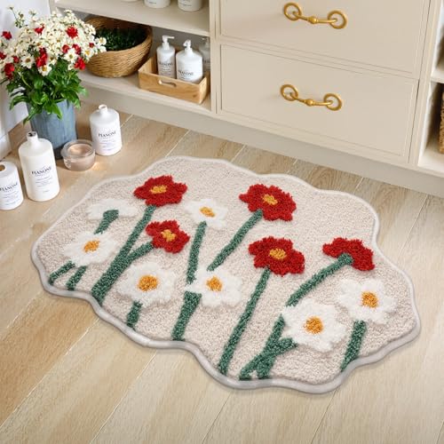 Badezimmermatte Rote Blume Weiß Bath Mat Mikrofaser Badmatte Waschbar Badezimmerteppich rutschfest Badematte Schnelltrocknend Badezimmermatten Verdicken Badmatten Badvorleger 50x80cm von LNXSESN