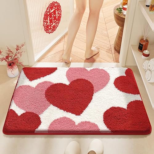 Badezimmermatte Rotes Weißes Herz Badmatte Mikrofaser Bath Mat Waschbar Badezimmerteppich Duschvorleger rutschfest Badematte Schnelltrocknend Badvorleger Verdicken Badezimmermatten 40x60cm von LNXSESN