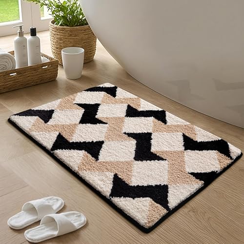 Badezimmermatte Schwarz Beige Geometrie Bath Mat Mikrofaser Badmatte Waschbar Badezimmerteppich rutschfest Badematte Schnelltrocknend Badezimmermatten Verdicken Badmatten Badvorleger 50x80cm Badezimmermatte Schwarz Beige Geometrie Bath Mat Mikrofaser Badmatte Waschbar Badezimmerteppich rutschfest Badematte Schnelltrocknend Badezimmermatten Verdicken Badmatten Badvorleger 50x80cm von LNXSESN