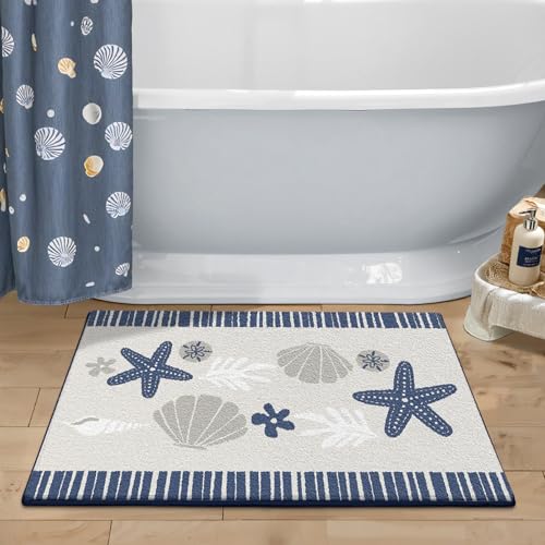 Badezimmermatte Seestern Weiß Blau Bath Mat Mikrofaser Badmatte Waschbar Badezimmerteppich rutschfest Badematte Schnelltrocknend Badezimmermatten Verdicken Badmatten Badvorleger 40x60cm von LNXSESN