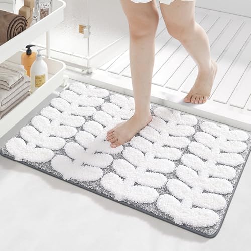 Badezimmermatte Weiße Blätter Grau Badmatte Mikrofaser Bath Mat Waschbar Badezimmerteppich Duschvorleger rutschfest Badematte Schnelltrocknend Badvorleger Verdicken Badezimmermatten 40x60cm von LNXSESN