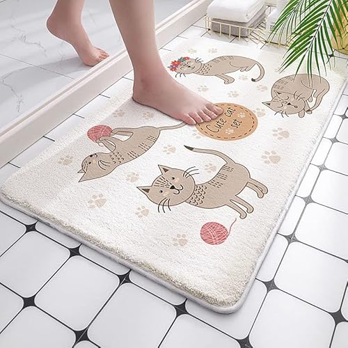 Badezimmerteppich Katze Cremeweiß Badematte Flauschig Mikrofaser Badvorleger rutschfest Duschvorleger Schnelltrocknend Badteppich Waschbar Duschvorleger Verdicken Badematten Badmatte 50x80cm von LNXSESN