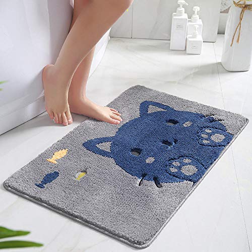 LNXSESN Badteppich Blaue Katze Grau Badvorleger Flauschig Mikrofaser Badematte rutschfest Duschvorleger Schnelltrocknend Badezimmerteppich Waschbar Badematten Bathroom Mat 50x80cm von LNXSESN