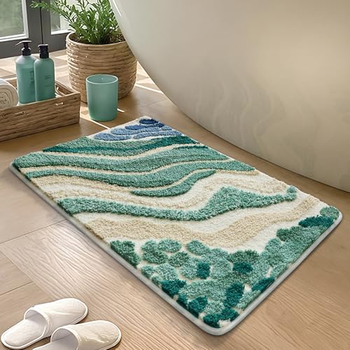 Bath Mat Beige Grün Badezimmerteppich Mikrofaser Badematte Langlebig rutschfest Badmatte Schnelltrocknend Badvorleger Verdicken Badteppich Waschbar Badeteppich Bathroom Mat 40x60cm von LNXSESN
