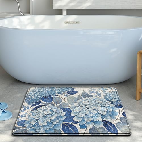 Bath Mat Blau Beige Blume Badezimmerteppich Mikrofaser Badematte Langlebig rutschfest Badmatte Schnelltrocknend Badvorleger Verdicken Badteppich Waschbar Badeteppich Bathroom Mat 50x80cm von LNXSESN