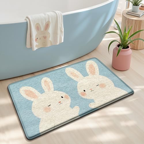 Bath Mat Blauer Kaninchen Beige Badezimmerteppich Mikrofaser Badematte Langlebig rutschfest Badmatte Schnelltrocknend Badvorleger Verdicken Badteppich Waschbar Badeteppich Bathroom Mat 50x80cm von LNXSESN