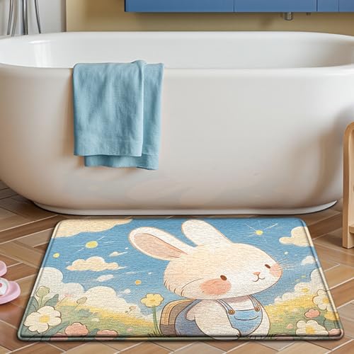 Bath Mat Blauer Kaninchen Grün Badezimmerteppich Mikrofaser Badematte Langlebig rutschfest Badmatte Schnelltrocknend Badvorleger Verdicken Badteppich Waschbar Badeteppich Bathroom Mat 40x60cm von LNXSESN