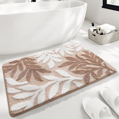 Bath Mat Braune Palmblätter Badezimmerteppich Mikrofaser Badematte Langlebig rutschfest Badmatte Schnelltrocknend Badvorleger Verdicken Badteppich Waschbar Badeteppich Bathroom Mat 40x60cm von LNXSESN