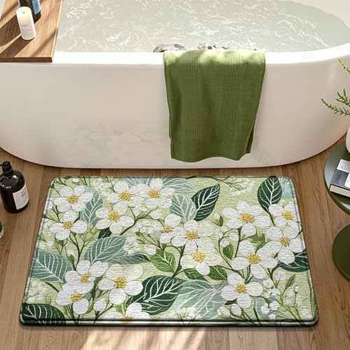 Bath Mat Grüne Blume Weiß Badezimmerteppich Mikrofaser Badematte Langlebig rutschfest Badmatte Schnelltrocknend Badvorleger Verdicken Badteppich Waschbar Badeteppich Bathroom Mat 50x80cm von LNXSESN