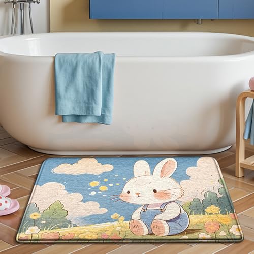 Bath Mat Kaninchen Gelb Weiß Badezimmerteppich Mikrofaser Badematte Langlebig rutschfest Badmatte Schnelltrocknend Badvorleger Verdicken Badteppich Waschbar Badeteppich Bathroom Mat 50x80cm von LNXSESN