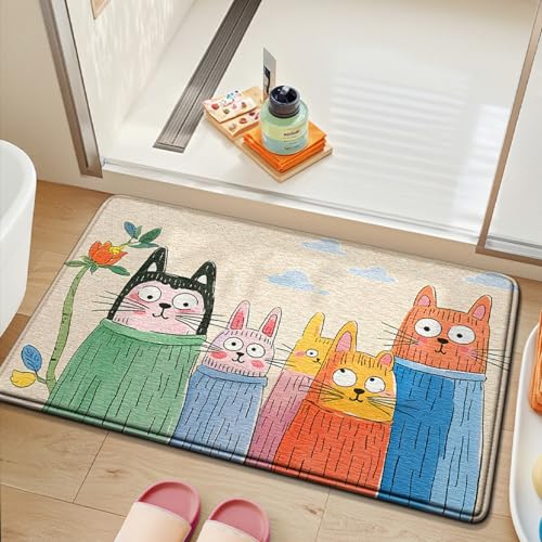 Bath Mat Katze Grün Rosa Badezimmerteppich Mikrofaser Badematte Langlebig rutschfest Badmatte Schnelltrocknend Badvorleger Verdicken Badteppich Waschbar Badeteppich Bathroom Mat 40x60cm von LNXSESN