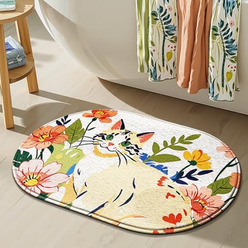 Bath Mat Katze Grüne Blume Badezimmerteppich Mikrofaser Badematte Langlebig rutschfest Badmatte Schnelltrocknend Badvorleger Verdicken Badteppich Waschbar Badeteppich Bathroom Mat 50x80cm von LNXSESN