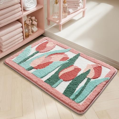 Bath Mat Rosa Blume Weiß Badezimmerteppich Mikrofaser Badematte Langlebig rutschfest Badmatte Schnelltrocknend Badvorleger Verdicken Badteppich Waschbar Badeteppich Bathroom Mat 50x80cm von LNXSESN