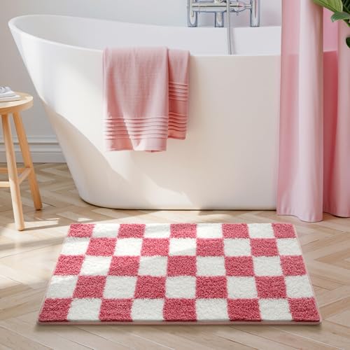 Bath Mat Rosa Creme Weiß Badezimmerteppich Mikrofaser Badematte Langlebig rutschfest Badmatte Schnelltrocknend Badvorleger Verdicken Badteppich Waschbar Badeteppich Bathroom Mat 50x80cm von LNXSESN