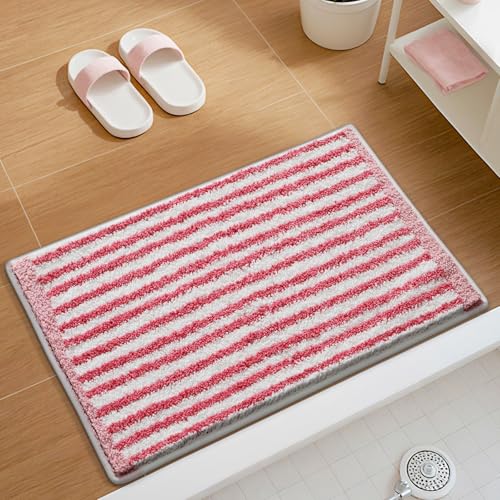 Bath Mat Rosa Gestreift Weiß Badezimmerteppich Mikrofaser Badematte Langlebig rutschfest Badmatte Schnelltrocknend Badvorleger Verdicken Badteppich Waschbar Badeteppich Bathroom Mat 50x80cm von LNXSESN