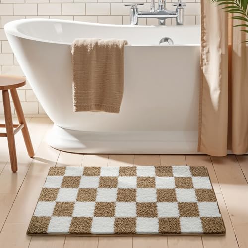 Bath Mat Weiß Braun Badezimmerteppich Mikrofaser Badematte Langlebig rutschfest Badmatte Schnelltrocknend Badvorleger Verdicken Badteppich Waschbar Badeteppich Bathroom Mat 40x60cm von LNXSESN