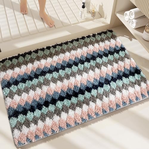 Bath Mat Weiß Navy Blue Badezimmerteppich Mikrofaser Badematte Langlebig rutschfest Badmatte Schnelltrocknend Badvorleger Verdicken Badteppich Waschbar Badeteppich Bathroom Mat 50x80cm von LNXSESN