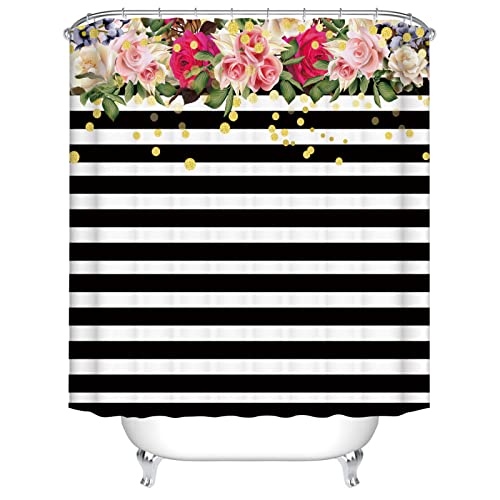 Duschvorhang 180x200 Rose Schwarz-Weiß-Streifen Shower Curtains Polyester Duschvorhänge Antibakteriell Shower Curtain Duschvorhang Antischimmel mit 12 Duschvorhangringen Duschvorhang Badewanne von LNXSESN