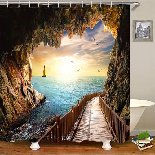 Duschvorhang Braun Gelb Blau Duschvorhang Stoff Polyester Badevorhang Shower Curtains Antischimmel Duschvorhang Wasserdicht Duschvorhänge mit 12 Duschvorhangringen 120x180cm von LNXSESN