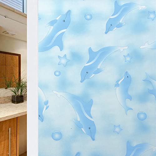 Fensterfolie Blauer Delfin-Kind Sichtschutzfolie Fenster Klebstofffrei Fensterfolie Blickdicht Milchglasfolie Selbstklebend Fenster Fensterfolie Selbsthaftend Folie Fenster Sichtschutz 45x200cm von LNXSESN