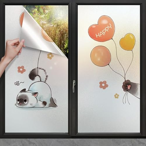 Fensterfolie Katze Ballon Blume Milchglasfolie Fensterfolie Milchglas Selbstklebend Fensterfolie Sichtschutz Blickdicht Fenster Sichtschutzfolie Folie für Fenster Fensterfolie Bad 70x150cm/2 Pcs von LNXSESN