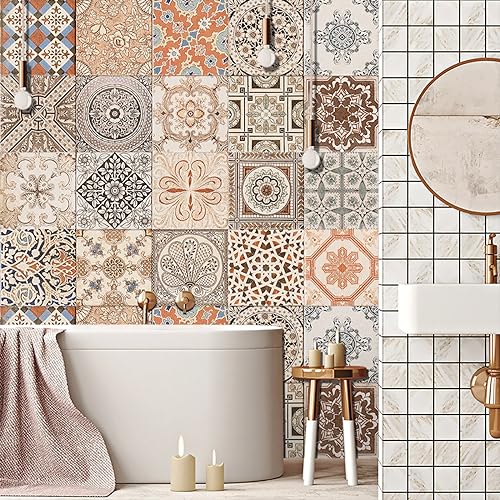 Fliesenaufkleber Fleurs Géométriques Brun Küchenrückwand Selbstklebend PVC Klebefliesen Hitzebeständig Mosaikfliesen Wasserdicht Fliesenaufkleber Bad Ölfest Spritzschutz Fliesenfolie 15x15cm/10 Pcs von LNXSESN