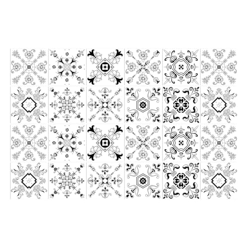 Fliesensticker Schwarze Blume Weiß Mosaikfliesen PVC Fliesenaufkleber Wasserdicht Klebefliesen Küche Selbstklebend Klebefliesen Ölfest Küchenfliesen Überkleben Bad Tile Sticker 20x20cm/24 Pcs von LNXSESN