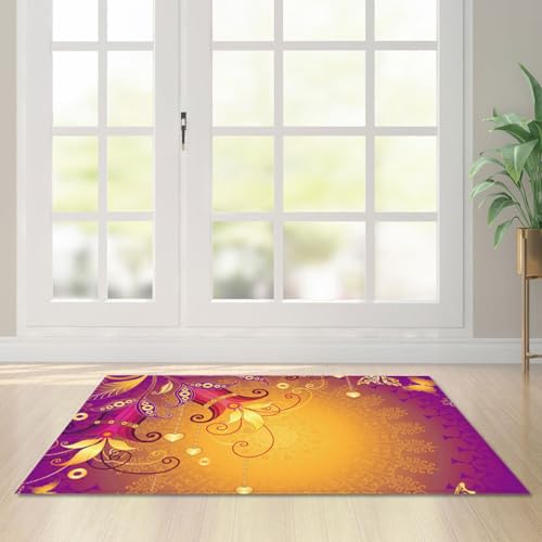 Fußmatte Goldene Lila Blume Rugs for Living Room Polyester Fussmatte Aussen Fußmatte Außen Innen Waschbar Teppiche Wohnzimmer Fusmatte Schmutzfangmatte Fußmatten Haustür Verdicken Doormat 100x150cm von LNXSESN
