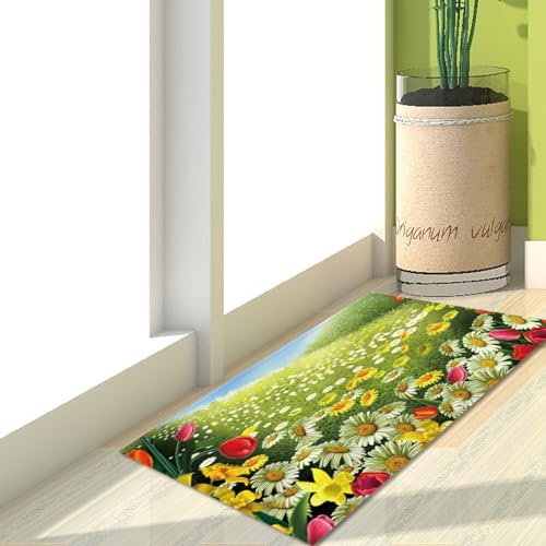 Fußmatte Grün Blumen Gelb Carpet Rugs for Living Room Polyester Fussmatte Aussen Fußmatte Außen Innen Waschbar Outdoor Teppich Wohnzimmer Schmutzfangmatte Fusmatte Fußmatten Haustür 80x120 von LNXSESN