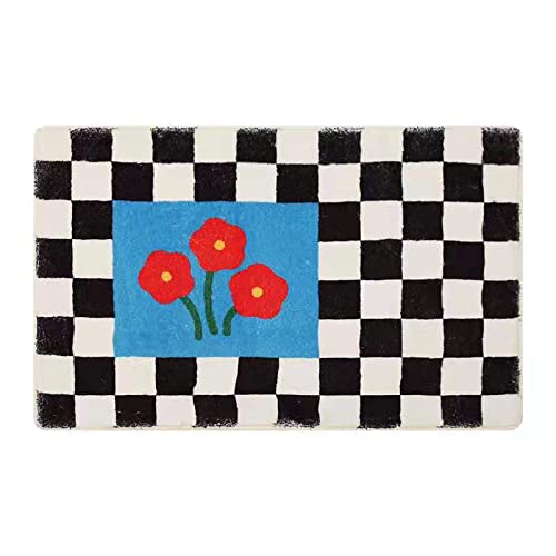 LNXSESN Badezimmerteppich Rote Blume Blaues Gitter Badematte Flauschig Mikrofaser Badvorleger rutschfest Duschvorleger Schnelltrocknend Badematte Waschbar Bad Teppich Badematten & Badteppiche 40x60cm von LNXSESN