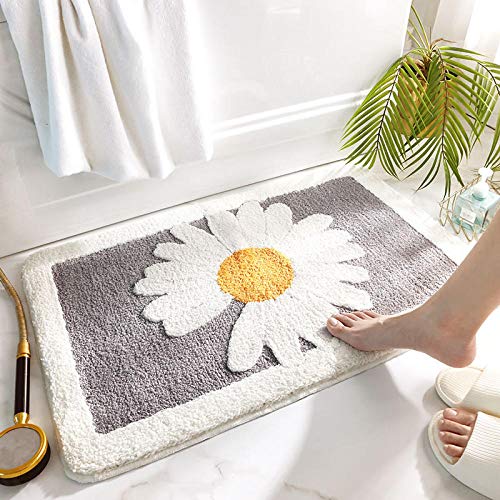 LNXSESN Badteppich Gänseblümchen Weiß Grau Badvorleger Flauschig Mikrofaser Badematte rutschfest Duschvorleger Schnelltrocknend Badezimmerteppich Waschbar Badematten Bathroom Mat 40x60cm von LNXSESN