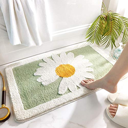 LNXSESN Badteppich Gänseblümchen Weiß Grün Badvorleger Flauschig Mikrofaser Badematte rutschfest Duschvorleger Schnelltrocknend Badezimmerteppich Waschbar Badematten Bathroom Mat 40x60cm von LNXSESN