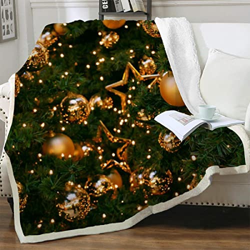 LNXSESN Kuscheldecke Grüne Goldene Weihnachten Fleecedecke Weich Decken Flanell Lammwolle Blanket Doppelseitiges Design Sofadecke Pflegeleicht Felldecke Couchdecke Langlebig Wohndecke 130x150cm von LNXSESN