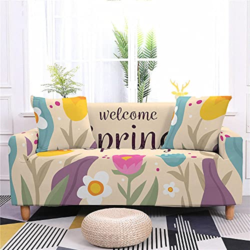 LNXSESN Sofabezug Beige Bunte Blumen Sofahusse Stretch Elasthan Couch überzug Abnehmbare Waschbar Sofa überzug Anti Rutsch Couchbezug Moderne Couchbezug Universal Sofaüberwurf 1 Sitzer 3 Sitzer von LNXSESN