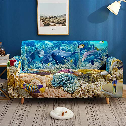 LNXSESN Sofabezug Delphin-Ozean-Welt Sofaüberwurf Stretch Couch überwurf Elasthan Universal Sofahusse Moderne Anti-Haar Couch überzug Antirutsch Sofa überzug 3 Sitzer von LNXSESN