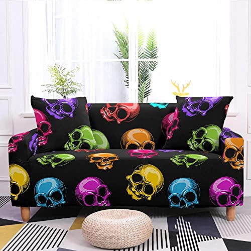 LNXSESN Sofabezug Schwarzer Bunter Totenkopf Sofa überzug Stretch Sofaüberwurf Elasthan Universal Couch überzug Moderne Anti-Haar Sofa Cover Einstellbar überwurf Sofa Antirutsch Sofaschoner 3 Sitzer von LNXSESN