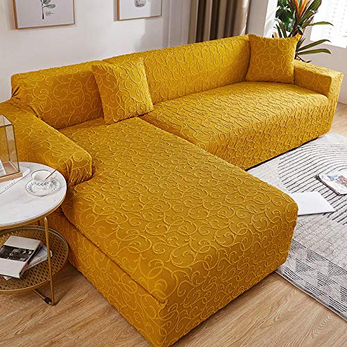 LNXSESN Sofabezug Senfgelber Jacquard Sofa überzug Stretch Couch überzug Elasthan Universal Sofabezug Ecksofa Moderne Anti-Haar Sofa Cover Einstellbar Antirutsch Couchbezug 4 Sitzer von LNXSESN
