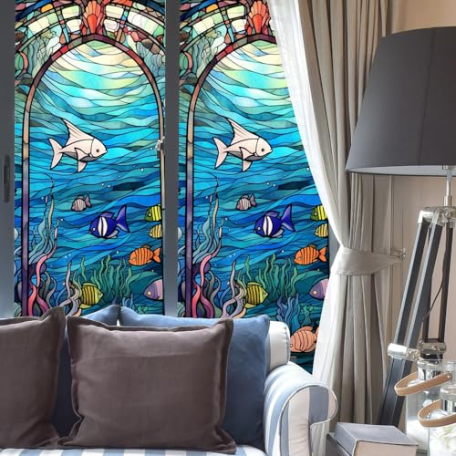 Milchglasfolie Blauer Fisch Orange Fensterfolie Blickdicht Fenster Sichtschutzfolie Milchglasfolie Selbstklebend Fenster Milchglasfolie Fenster Sichtschutzfolie Fenster Folie für Fenster45x100cm/2 Pcs von LNXSESN